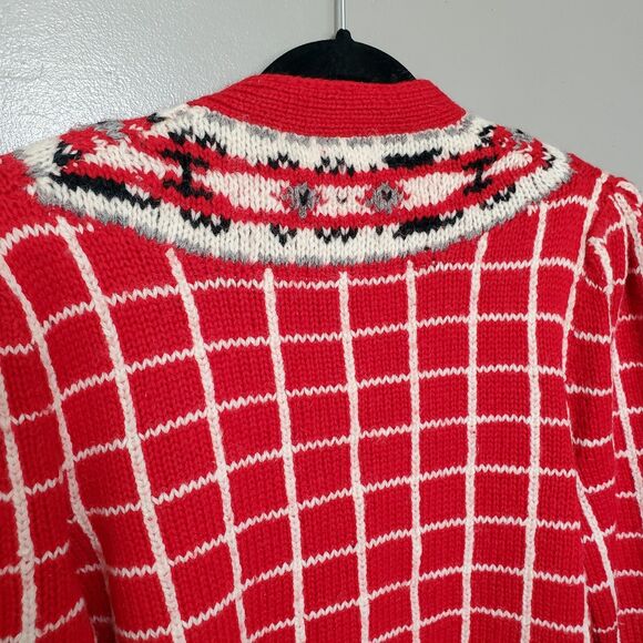 Vintage Lands' End Cardigan Sweater Womens Size Large Red Grid Floral Wool Knit - Picture 7 of 10